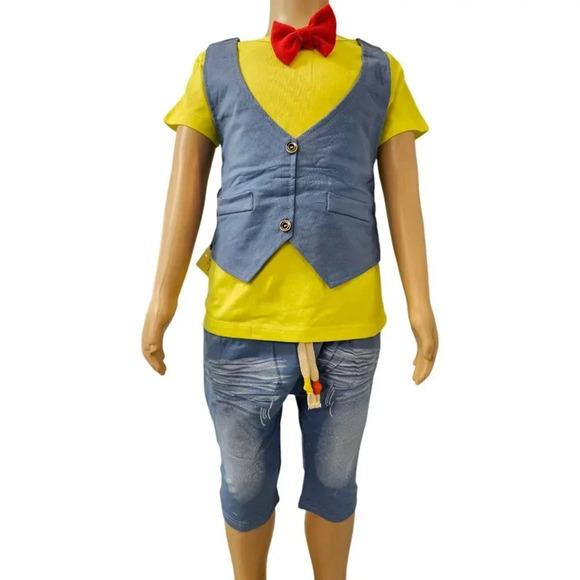 3T  Boys Blue, Yellow, Red BowTie Shorts and Tshirt Faux Suit 2pcs Set - Picture 1 of 7